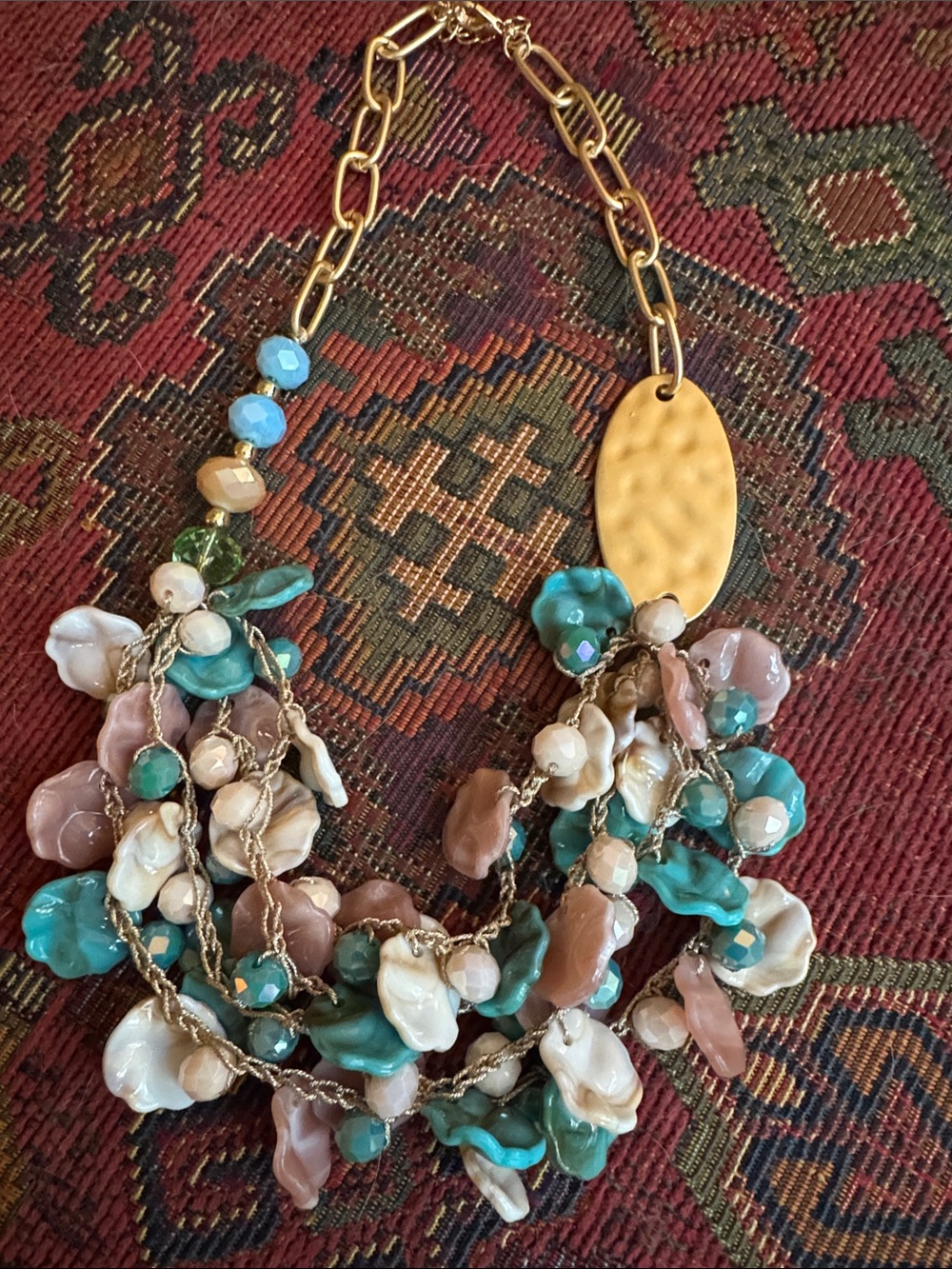 Aratta Silent Journey Gold-Tone Teal, Cream & Blush Floral Cluster Necklace NWOT